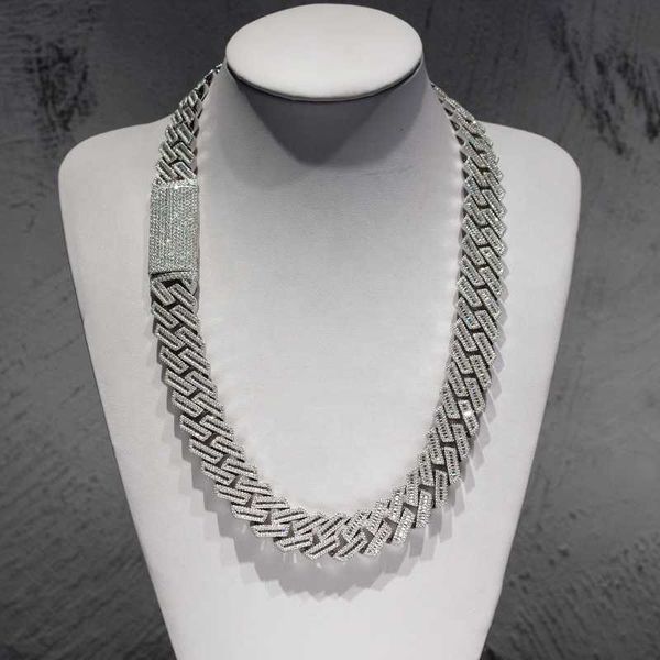 

15mm baguette moissanite iced out bling diamond cuban link chain hip hop jewelry cuban necklace, Silver