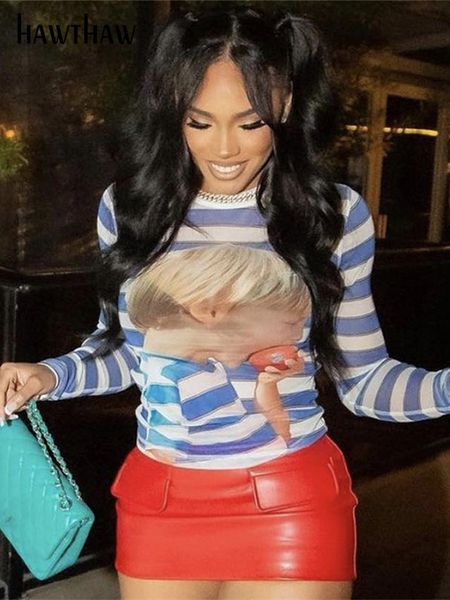 

womens tshirt hawthaw women spring summer long sleeve streetwear mesh see through graphic t shirts tees wholesale items for business 230510, White