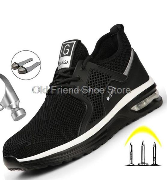 

indestructible men safety shoes light nonslip work sneakers breathable male steel toe puncture proof air mesh work safety boots 29026200, Black;brown