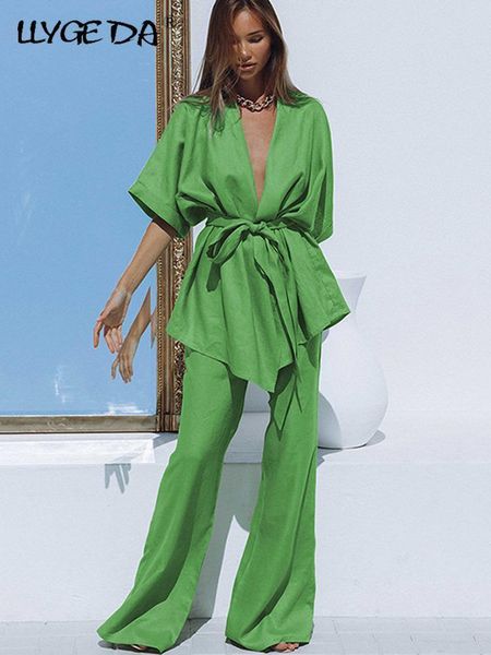 

women's two piece pants summer linen women set loose vneck batwing sleeve laceup pieces sets elegant casual long vacation outfits 2305, White