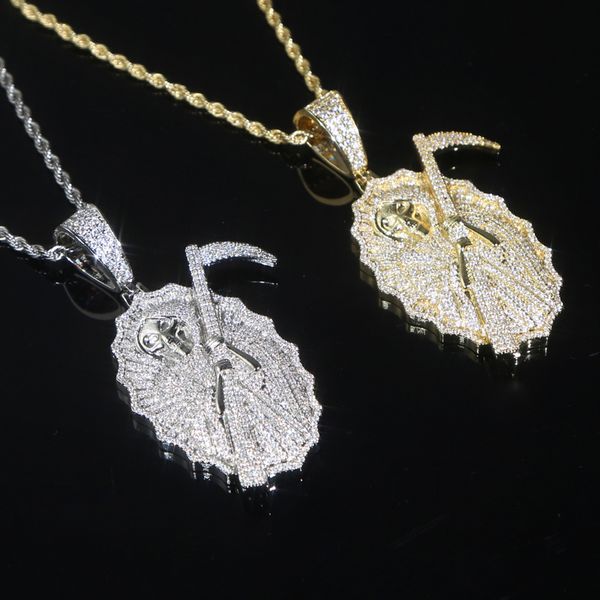 

new death pendant necklace iced out bling cz paved the king of terrors charm men women hip hop jewelry, Silver