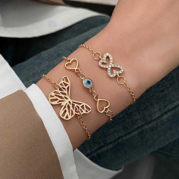 

ornament hollow link butterfly rhinestone bracelet set geometric beads eye chain three piece suit, Black