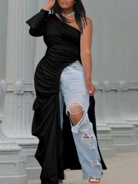 

plus size dresses lw size spring solid asymmetrical side split stretchy draped plain party female vestidos maxi 230509, Black