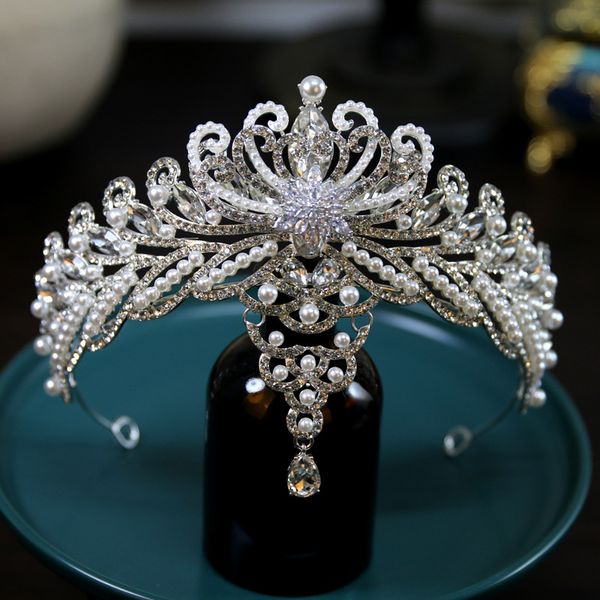 

crystals beading bridal headpieces crown tiara wedding hair accessories women handmade headband ornaments female prom headdress hairband hea, Silver