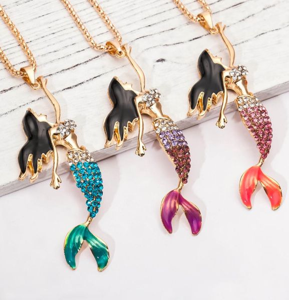 

luxury enamel crystal necklace fashion bohemian long sweater chain flasher mermaid necklaces pendants with rhinestone for wome1889299, Silver