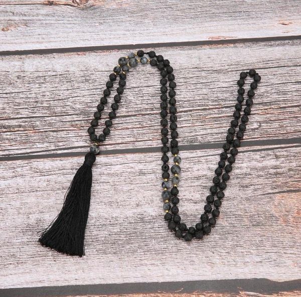 

mala beads 6mm volcanic stone knotted meditation semiprecious jewelry men and women charm necklace hanging black tassel pendant n3243266, Silver