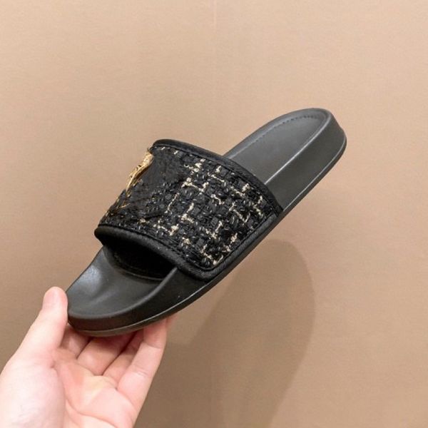 

new designer women golden edge sandal flat knitting slipper fashion thick summer heel slippers slides flip flops mule womens daily commuting, Black