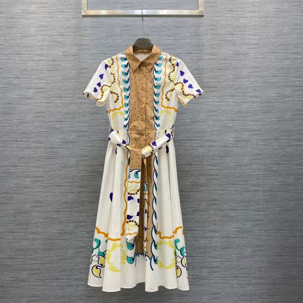 

runway dresses 2023 luxury designer designs spring/summer new product positioning printed polo neck short sleeve belt waist wrap dress, Black