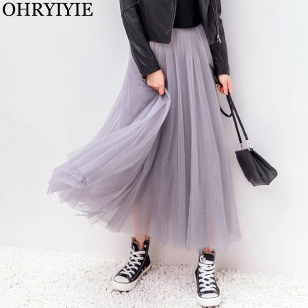 

skirts ohryiyie spring summer vintage long tulle women elastic high waist mesh pleated tutu female jupe longue 230510, Black