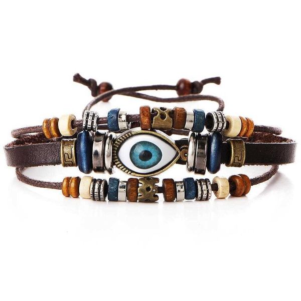 

retro exaggerated ethnic style strands eye multi layer adjustable beaded bracelet hand woven leather, Black