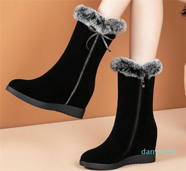 

boots winter oxfords shoes women genuine leather wedges high heel snow female warm fur platform pumps rhinestones2066298, Black