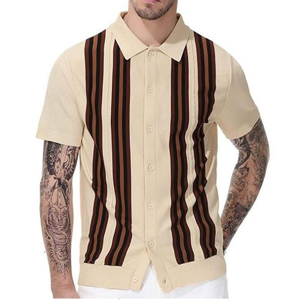 

men's polos 2023 summer british style retro casual apricot stripe patchwork knitted short sleeve jacquard business polo shirt 230510, White;black