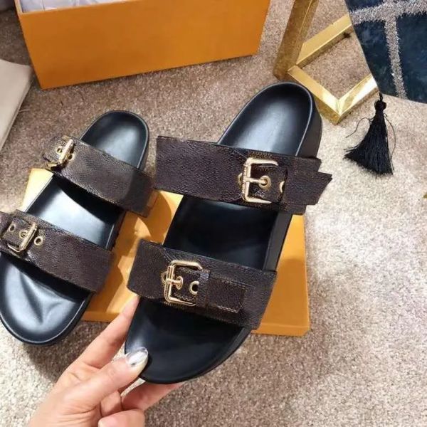 

beach slippers ladies bom flat mule buckles slide shoes luxury design men lover summer sandal gold-tone two straps size 35-42-46, Black