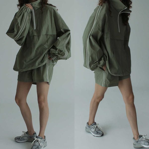 

2023 summer korean chic loose long sleeved zippered shirt+two piece wide leg sports shorts set, Gray