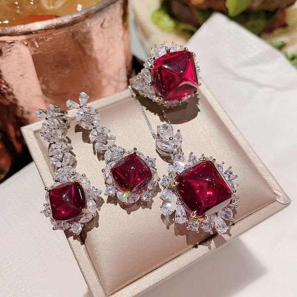 

vintage ruby diamond promise jewelry set 925 sterling silver bijou wedding earrings rings necklace for women bridal jewelry gift, Slivery;golden