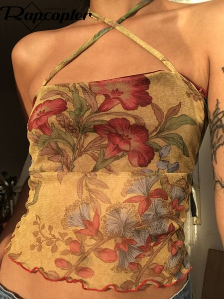 

womens tanks camis rapcopter floral y2k crop mesh see through corset frill cross halter sweats female summer party clubwear cute vests 23050, White