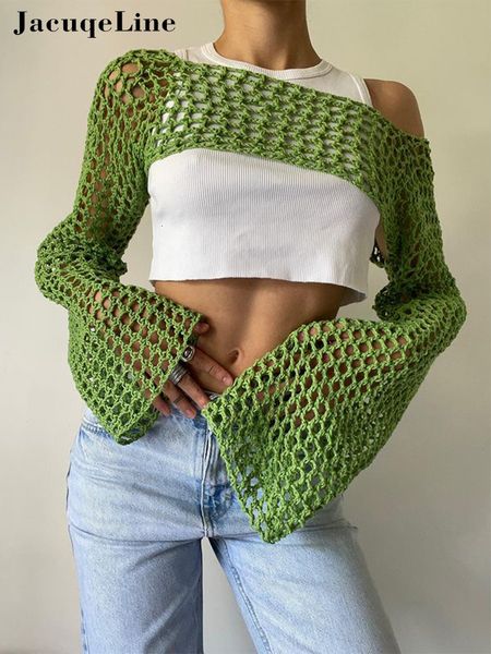 

women's tshirt jacqueline 2023 green long sleeve knitting crop summer party beach hollow out smock t shirts fairy y2k clothes 230510, White