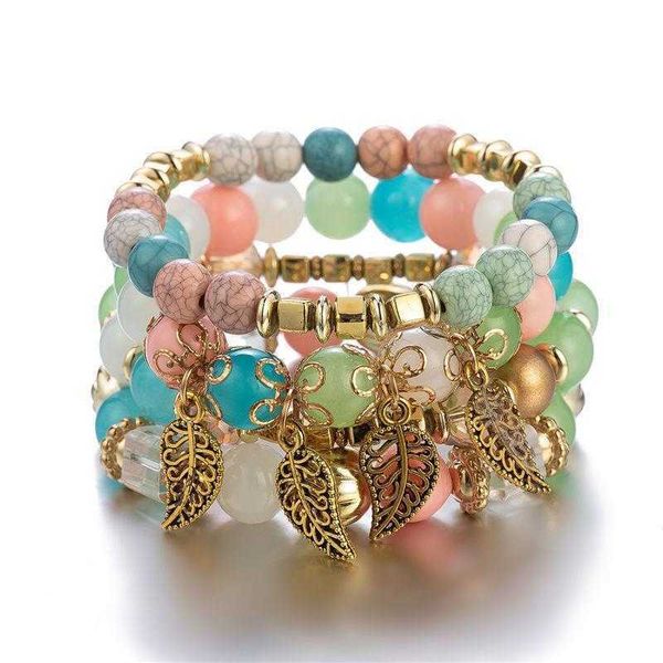 

bohemian jewelry explosion accessories creative bracelet multi layer glass beads leaves wholesale, Golden;silver