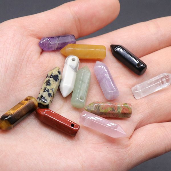 

with hole natural crystal stone charms agate mini hexagon pendant for diy chakra necklace jewelry accessories making size 6x21mm, Bronze;silver