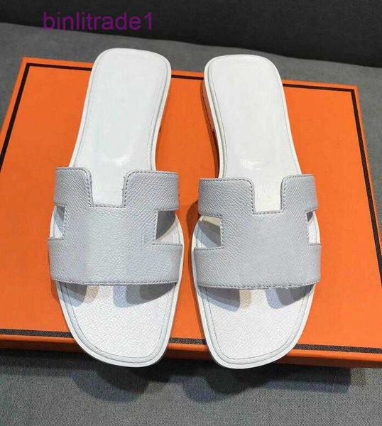 

brand sandals for summer women's beach slippers h letter brown black lichee pattern genuine leather classics fashion flat slipper with