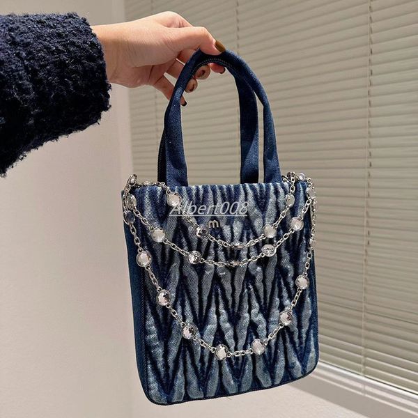 

miuumiuu purse pleated shoulder bags music pack handbag women blue denim artwork diamonds two-tone bag with chains wallet 20cm