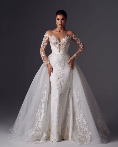 

elegant lace 2023 mermaid wedding dress with detachable train long sleeve sheer neck bridal gown robe de mariee, White