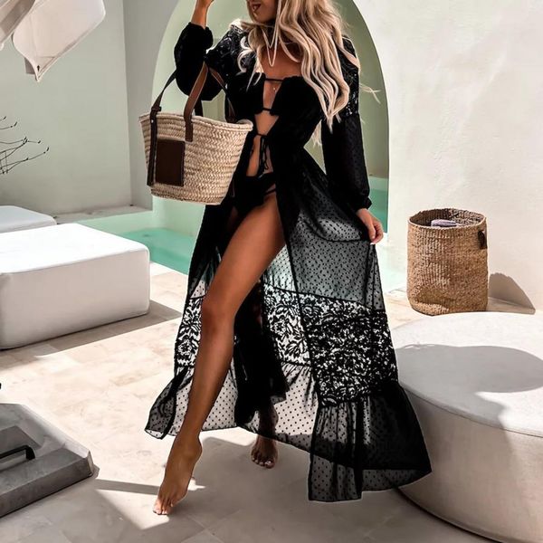 

women's swimwear quick dry beautiful beachwear summer bikini cover up sun protection seethrough lace lady garment 230510, White;black