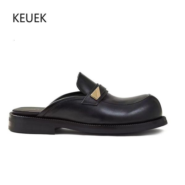 

slippers luxury men casual leather shoes half business dress genuine zapatos hombre designer slides 2c 230510, Black