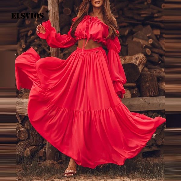 

two piece dress maxi skirt suit spring autumn longsleeve strapless loose pleated beach outfit women casual holiday clothing 230509, White