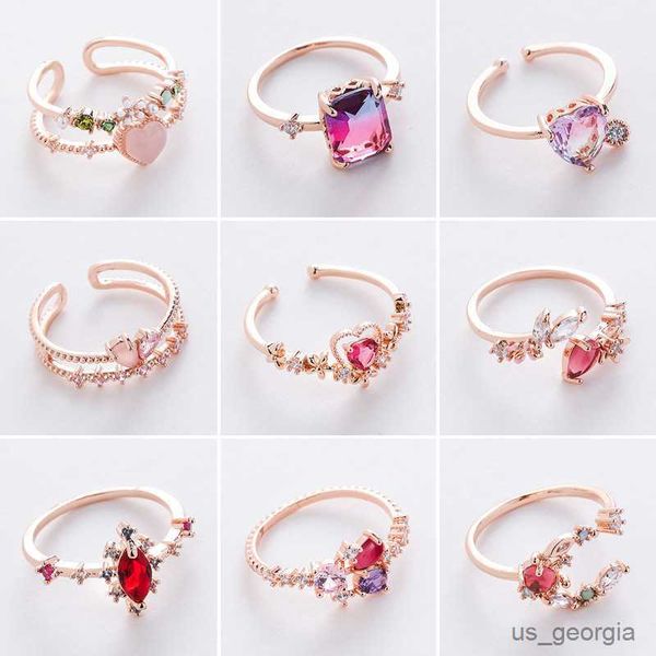 

band rings new delicate zircon rings crystal elegant flowers heart rings for women adjustable opening rings party jewelry, Silver
