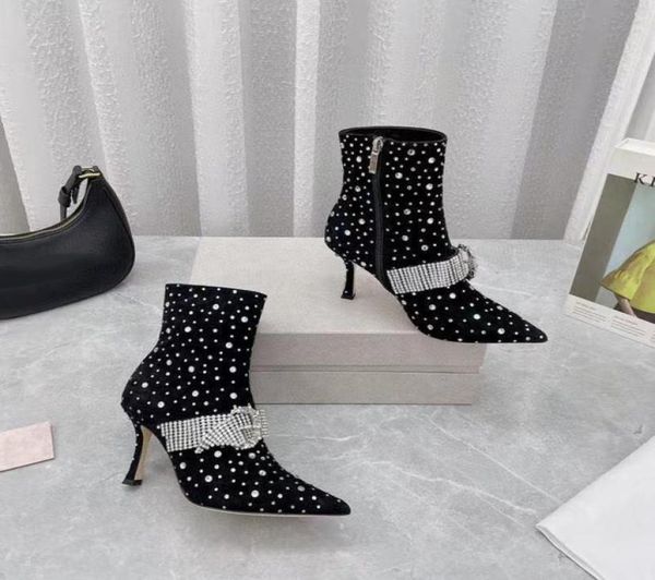 

early spring diamond fashion boots for women pointed toe high thin heels suede boots crystal buckle runway elegant temperamen5578165, Black