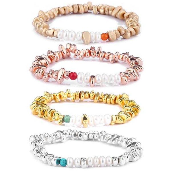 

amz ornament bracelets shaped ore rose gold plated silver freshwater pearl elastic bracelet, Golden;silver