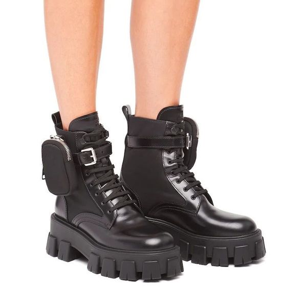 

leather nylon bag ankle boots thick platform wedge shoes with round head leather high heels flat bottom booties chunky luxury designer brand, Black