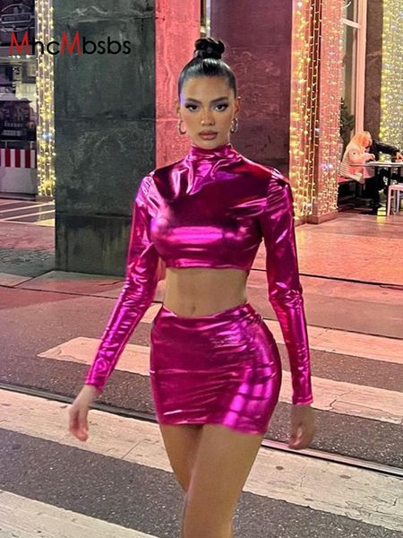 

two piece dress set women metallic night club outfits turtleneck long sleeve crop igh waist mini skirts spring fall 230509, White