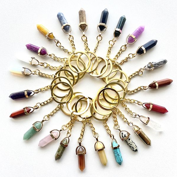 

natural gem stone keychains hexagonal point pendant keychain healing stone pink quartz crystal opal for diy car key rings chains, Silver