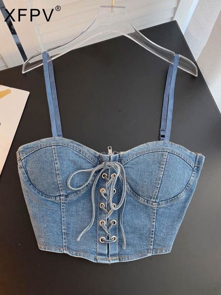 

women's tanks camis xfpv autumn summer fashion sleeveless slim y2k denim suspender short vest sm2157 230510, White