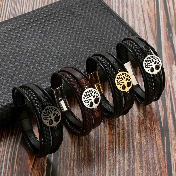 

tree bracelet titanium steel personality multi layer woven leather mens, Golden;silver