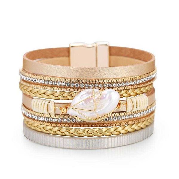 

bohemian fashion pearl lash rope braided bracelets multi layer genuine leather stick on crystals brace lace bracelet, Golden;silver