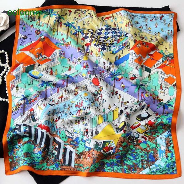 

hemres designer scarves korean cartoon comics swimming pool party satin 55 small square versatile decorative sang silk scarf, Blue;gray