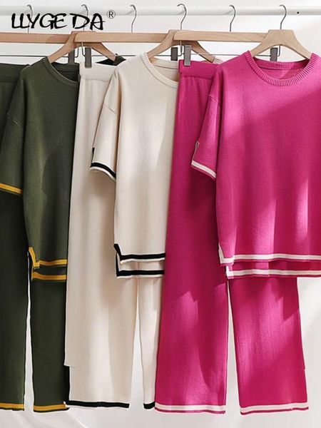 

women's two piece pants casual knit set women side split short sleeve high waist trouser suits female 2023 spring summer office ladies, White
