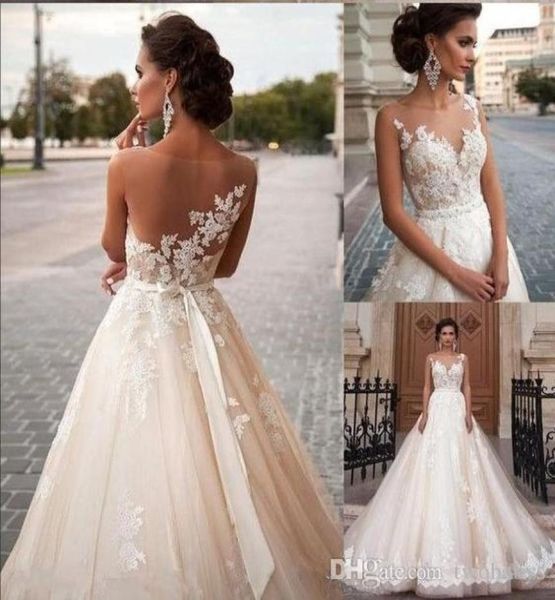 

2019 empire waist wedding dresses aline sheer neckline cap sleeve lace ribbon wedding gowns bridal dress party dress for bride1587817, White