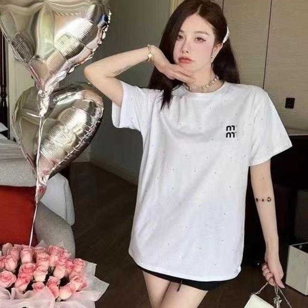 

womens short sleeved t shirt designer t shirt summer round neck sweat-absorbing pullover rhinestone letter graphic tee cotton, White