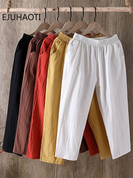 

women's pants capris summer fashion baggy pocket show thinness ninth pants woman pure color large size casual wide leg trousers haren 2, Black;white