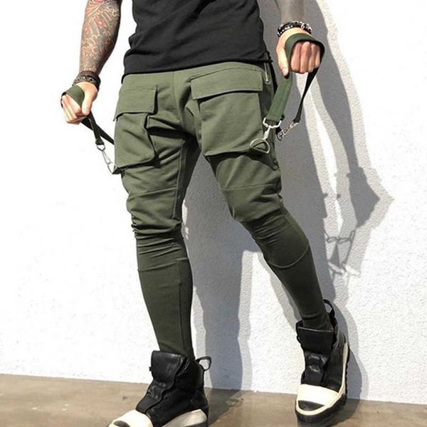 

men's pants 2021 new autumn brand men's gym fitness jogging casual slim pants men's hip-hop street fashion big pockets 100% c, Black