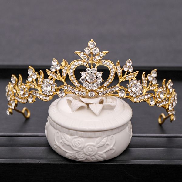 

ts-0001 shiny rhinestone bridal crown wedding headwear with leaf inlaid diamond crown accessories hollow gold edge beauty crown, Silver