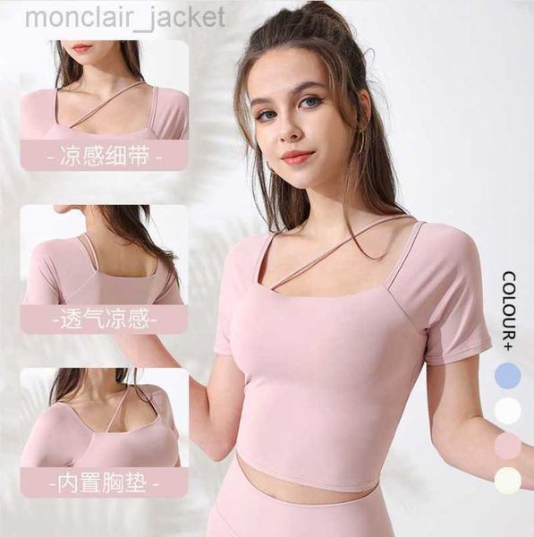

desginer alo yoga t shirt dress with chest cushion female short sleeve quick drying sports elastic mesh red fitness t 23ssa, White