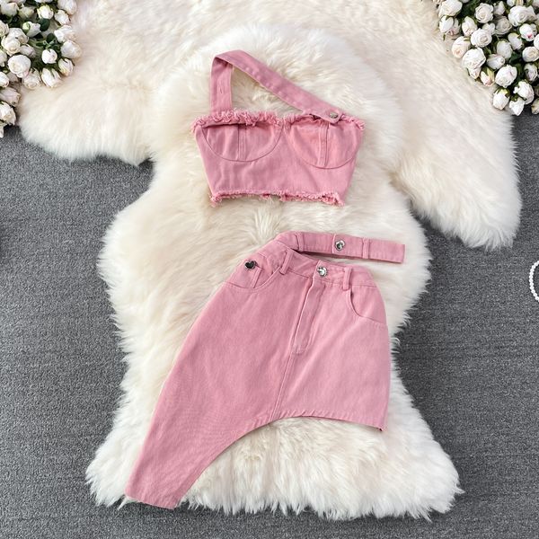 

two piece dress ins fashion women street pink hanging neck strapless denim twopiece skirt set girls high waist split irregular skirts 230509, White