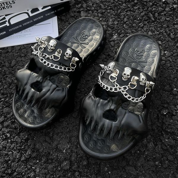 

slippers men skull design shoes with mental chain women summer novelty slide thick sole platform beach nonslip sandal 230510, Black