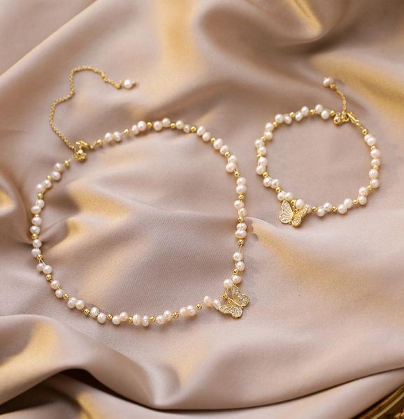 

elegant jewelry baroque pearl choker necklaces lovely butterfly charm natural freshwater pearl necklaces collar wedding bridal2100846, Golden;silver