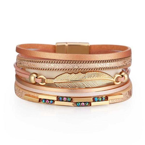 

fashion multi layer leather bracelet bohemian magnetic buckle leaves wholesale, Golden;silver